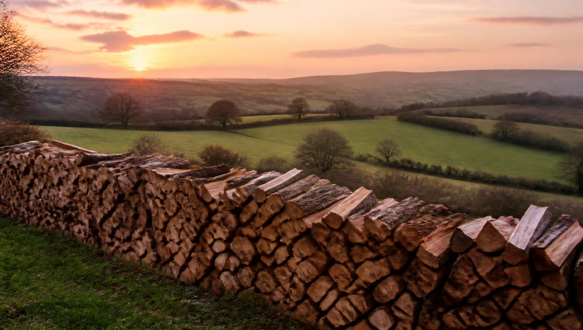 Split hardwood logs stacked above rolling Dorset farmland at sunset